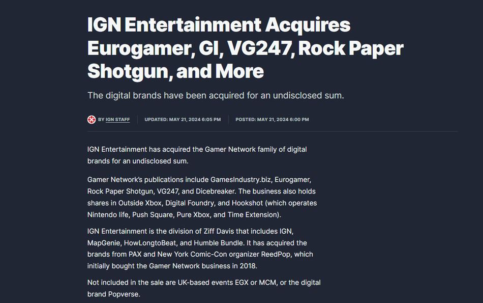 notícia oficial da aquisição da Gamer Network pela IGN
