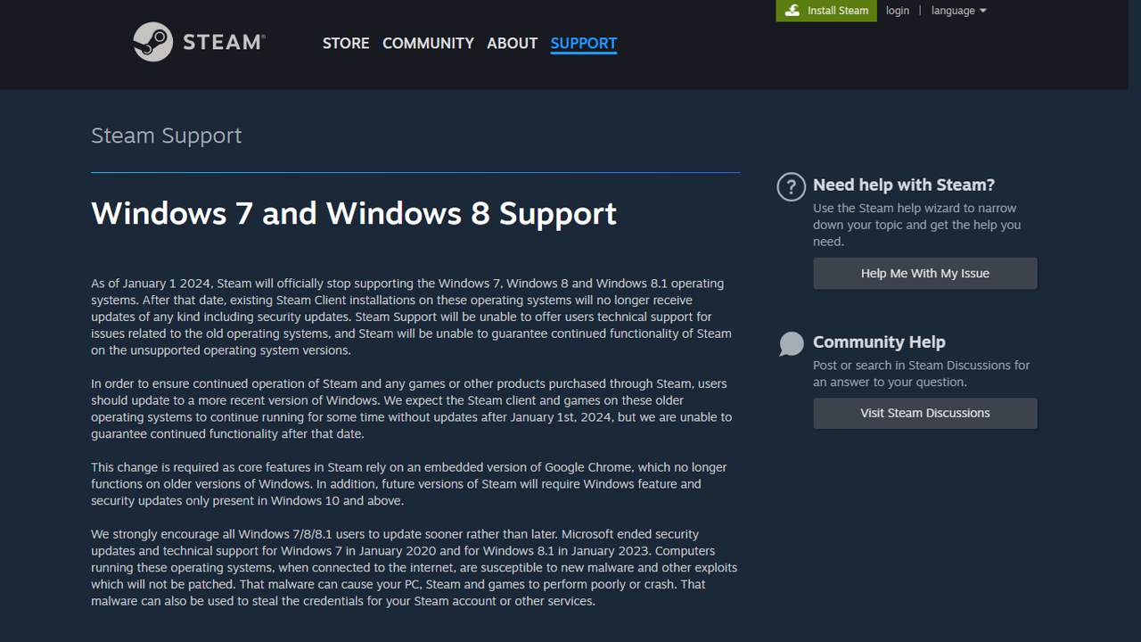 Anúncio oficial da Valve sobre o fim do suporte para Windows 7, 8 e 8.1
