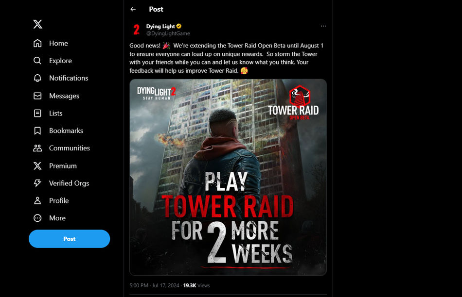 Techland anuncia a extensão do Tower Raid em Dying Light 2, twitter(X)