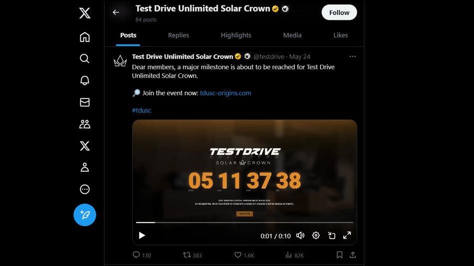 Tweet das notícias de TDU Solar Crown com contagem regressiva para 30 de maio de 2024
