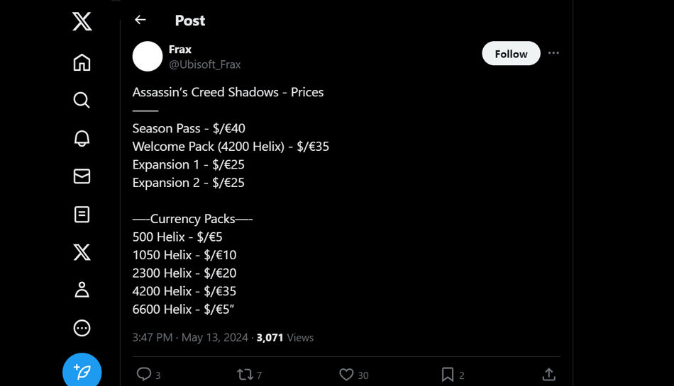 usuário Ubisoft_Frax vazamentos no Twitter para preços de AC Shadows