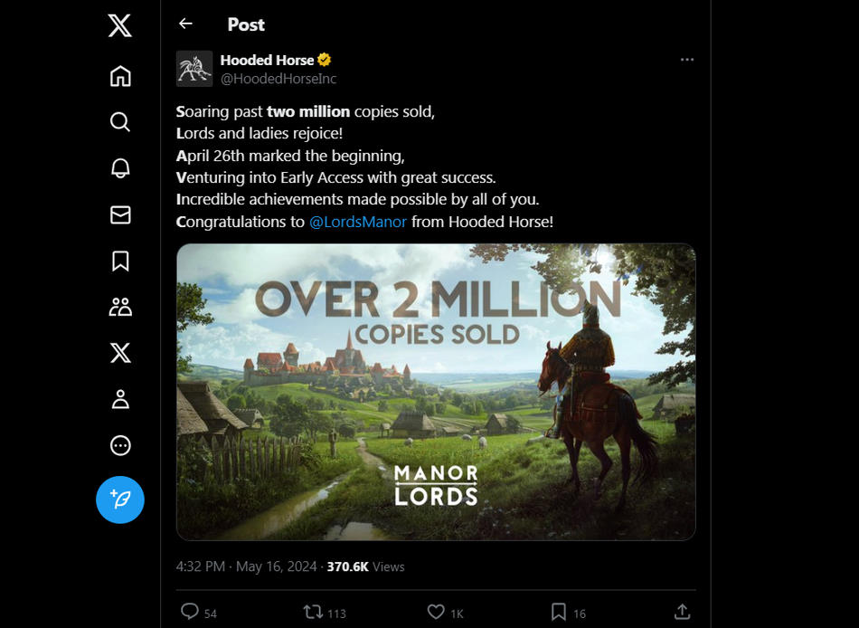 Hooded Horse anuncia no Twitter que Manor Lords superou 2 milhões de cópias vendidas