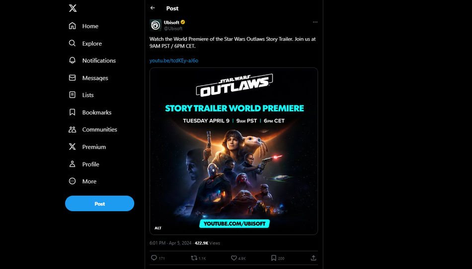 Anúncio no Twitter (X) do trailer da história de Star Wars Outlaws